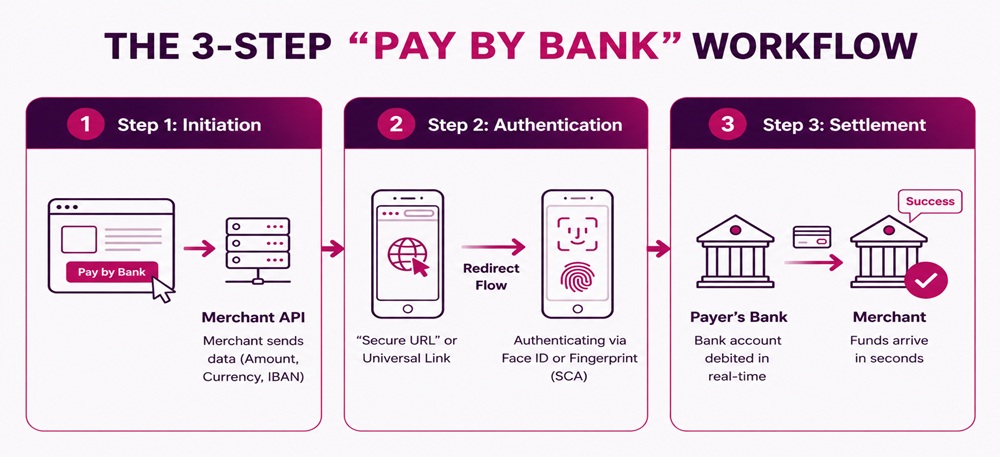 Three-step pay-by-bank checkout flow: initiation, authentication, settlement